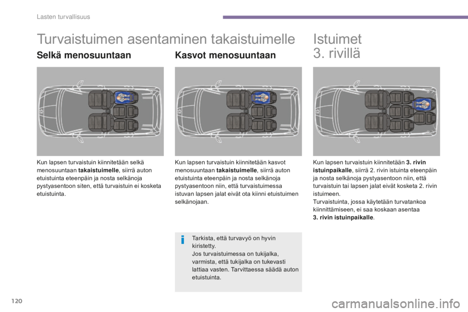 PEUGEOT 5008 2016 Omistajan Käsikirja (in Finnish) 120
5008_fi_Chap06_securite-enfants_ed01-2015
Turvaistuimen asentaminen takaistuimelle
Selkä menosuuntaan
Kun lapsen turvaistuin kiinnitetään selkä
menosuuntaan takaistuimelle, siirrä auton
etu PEUGEOT 5008 2016 Omistajan Käsikirja (in Finnish) 120
5008_fi_Chap06_securite-enfants_ed01-2015
Turvaistuimen asentaminen takaistuimelle
Selkä menosuuntaan
Kun lapsen turvaistuin kiinnitetään selkä
menosuuntaan takaistuimelle, siirrä auton
etu