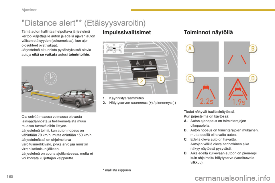 PEUGEOT 5008 2016 Omistajan Käsikirja (in Finnish) 160
5008_fi_Chap08_conduite_ed01-2015
"Distance alert"* (Etäisyysvaroitin)
Ota selvää maassa voimassa olevasta
lainsäädännöstä ja tieliikennelaista muun
muassa turvaväleihin liittye PEUGEOT 5008 2016 Omistajan Käsikirja (in Finnish) 160
5008_fi_Chap08_conduite_ed01-2015
"Distance alert"* (Etäisyysvaroitin)
Ota selvää maassa voimassa olevasta
lainsäädännöstä ja tieliikennelaista muun
muassa turvaväleihin liittye