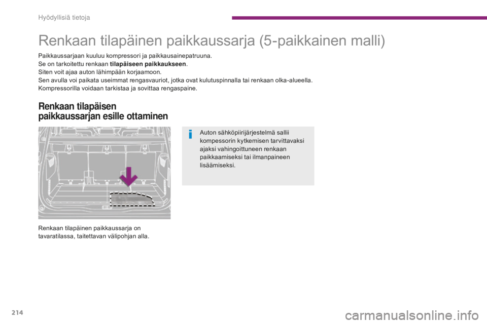 PEUGEOT 5008 2016 Omistajan Käsikirja (in Finnish) 214
5008_fi_Chap10_infos-pratiques_ed01-2015
Renkaan tilapäinen paikkaussarja
Paikkaussarjaan kuuluu kompressori ja paikkausainepatruuna.
Se on tarkoitettu renkaan tilapäiseen paikkaukseen.
Siten vo PEUGEOT 5008 2016 Omistajan Käsikirja (in Finnish) 214
5008_fi_Chap10_infos-pratiques_ed01-2015
Renkaan tilapäinen paikkaussarja
Paikkaussarjaan kuuluu kompressori ja paikkausainepatruuna.
Se on tarkoitettu renkaan tilapäiseen paikkaukseen.
Siten vo