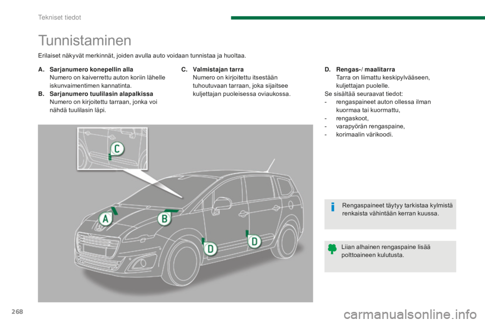 PEUGEOT 5008 2016 Omistajan Käsikirja (in Finnish) 268
5008_fi_Chap11_caracteristiques_ed01-2015
Tunnistaminen
A. Sarjanumero konepellin alla N
umero on kaiverrettu auton koriin lähelle
iskunvaimentimen kannatinta.
B.
S
arjanumero tuulilasin alap PEUGEOT 5008 2016 Omistajan Käsikirja (in Finnish) 268
5008_fi_Chap11_caracteristiques_ed01-2015
Tunnistaminen
A. Sarjanumero konepellin alla N
umero on kaiverrettu auton koriin lähelle
iskunvaimentimen kannatinta.
B.
S
arjanumero tuulilasin alap