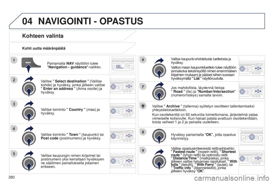 PEUGEOT 5008 2016 Omistajan Käsikirja (in Finnish) 04
280
5008_fi_Chap12b_RT6-2-8_ed01-2015
Painamalla N AV näyttöön tulee
"Navigation - guidance "-valikko.
Kohti uutta määränpäätä
Kohteen valinta
Valitse " Select destination PEUGEOT 5008 2016 Omistajan Käsikirja (in Finnish) 04
280
5008_fi_Chap12b_RT6-2-8_ed01-2015
Painamalla N AV näyttöön tulee
"Navigation - guidance "-valikko.
Kohti uutta määränpäätä
Kohteen valinta
Valitse " Select destination