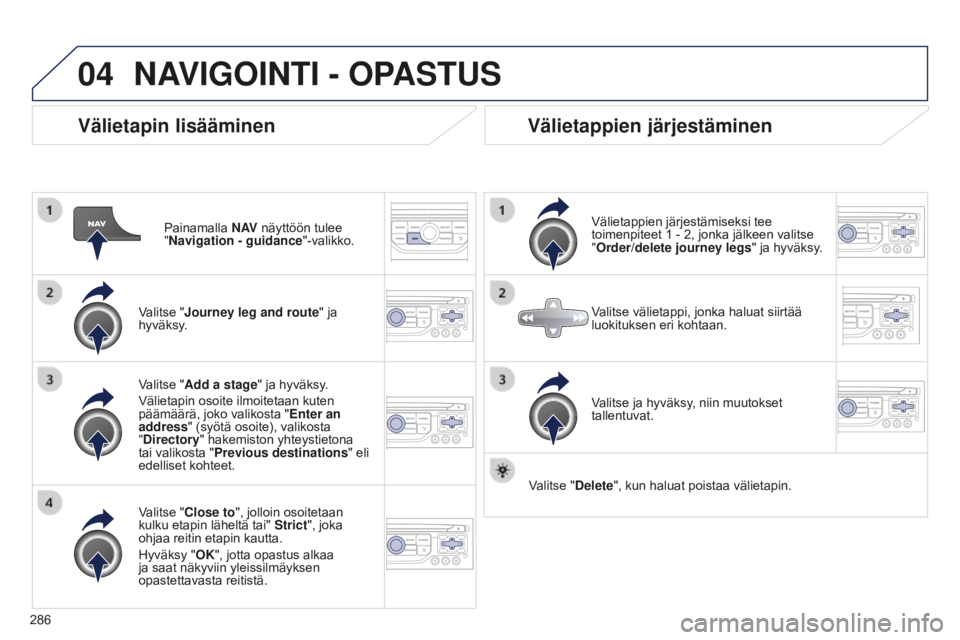 PEUGEOT 5008 2016 Omistajan Käsikirja (in Finnish) 04
286
5008_fi_Chap12b_RT6-2-8_ed01-2015
Välietapin lisääminen
Painamalla N AV näyttöön tulee
"Navigation - guidance "-valikko.
Valitse "Journey leg and route " ja
hyväksy.
V PEUGEOT 5008 2016 Omistajan Käsikirja (in Finnish) 04
286
5008_fi_Chap12b_RT6-2-8_ed01-2015
Välietapin lisääminen
Painamalla N AV näyttöön tulee
"Navigation - guidance "-valikko.
Valitse "Journey leg and route " ja
hyväksy.
V