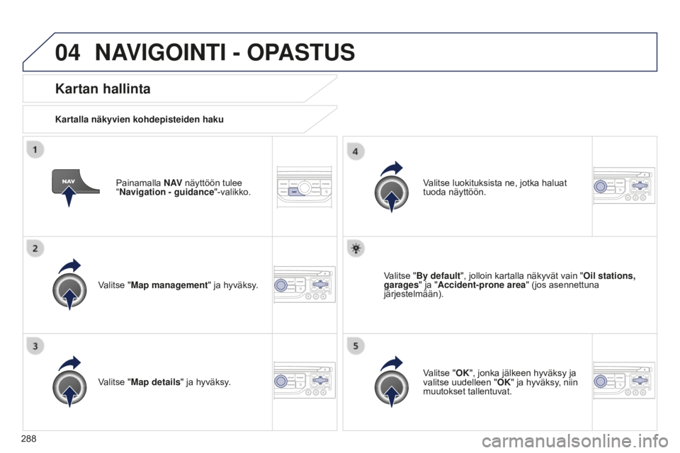 PEUGEOT 5008 2016 Omistajan Käsikirja (in Finnish) 04
288
5008_fi_Chap12b_RT6-2-8_ed01-2015
Painamalla N AV näyttöön tulee
"Navigation - guidance "-valikko.
Kartan hallinta
Kartalla näkyvien kohdepisteiden haku
Valitse "Map managemen PEUGEOT 5008 2016 Omistajan Käsikirja (in Finnish) 04
288
5008_fi_Chap12b_RT6-2-8_ed01-2015
Painamalla N AV näyttöön tulee
"Navigation - guidance "-valikko.
Kartan hallinta
Kartalla näkyvien kohdepisteiden haku
Valitse "Map managemen