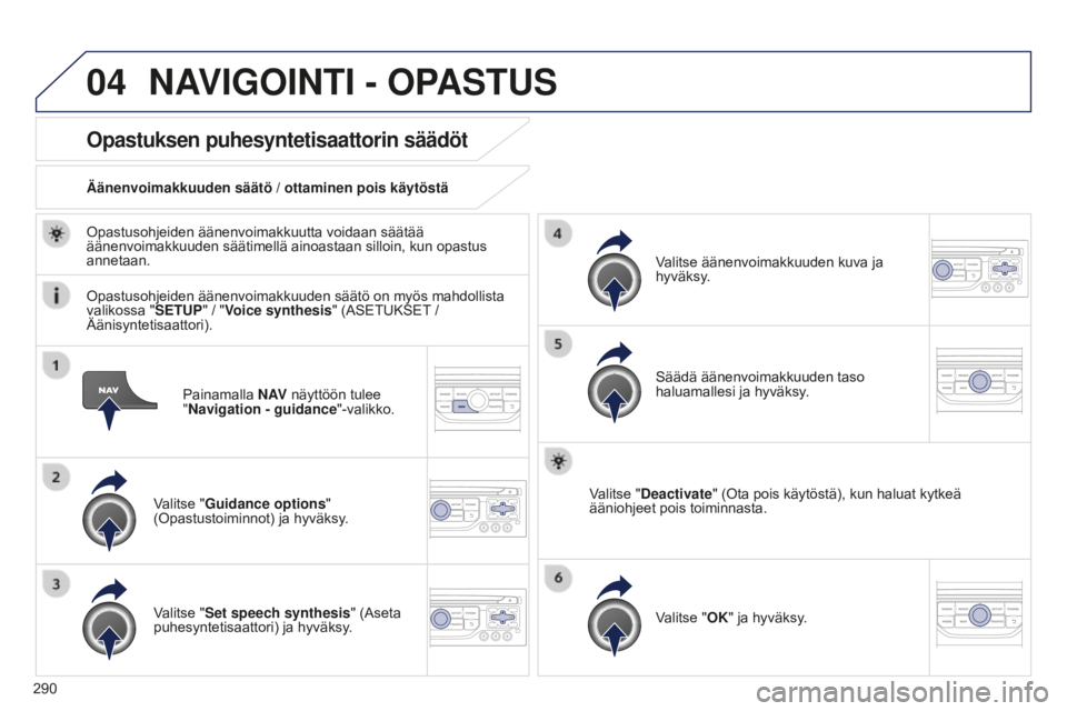 PEUGEOT 5008 2016 Omistajan Käsikirja (in Finnish) 04
290
5008_fi_Chap12b_RT6-2-8_ed01-2015
Painamalla N AV näyttöön tulee
"Navigation - guidance "-valikko.
Opastuksen puhesyntetisaattorin säädöt
Valitse "Guidance options "
(O PEUGEOT 5008 2016 Omistajan Käsikirja (in Finnish) 04
290
5008_fi_Chap12b_RT6-2-8_ed01-2015
Painamalla N AV näyttöön tulee
"Navigation - guidance "-valikko.
Opastuksen puhesyntetisaattorin säädöt
Valitse "Guidance options "
(O