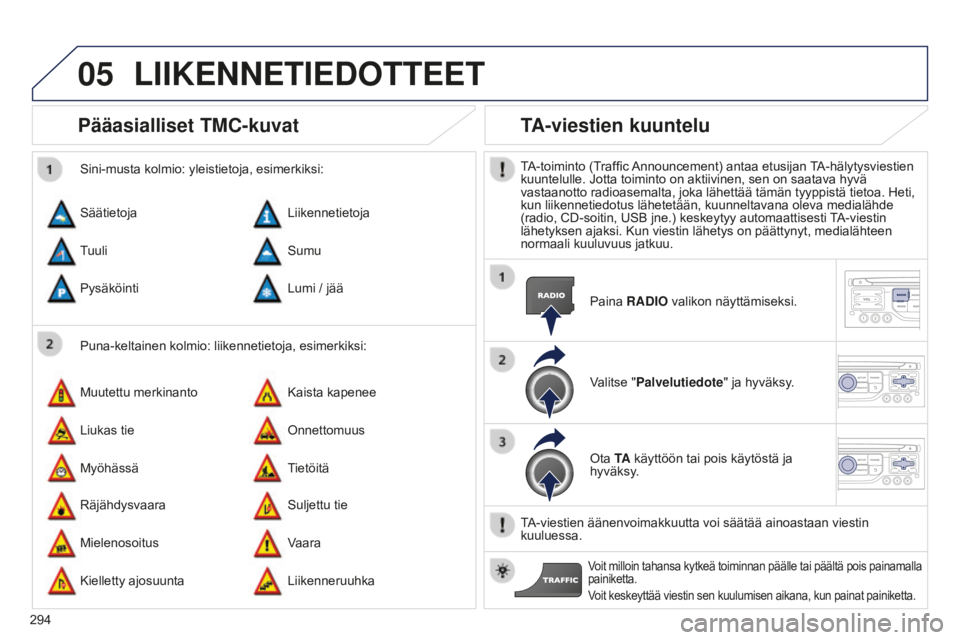 PEUGEOT 5008 2016 Omistajan Käsikirja (in Finnish) 05
294
5008_fi_Chap12b_RT6-2-8_ed01-2015
Pääasialliset TMC-kuvat
Puna-keltainen kolmio: liikennetietoja, esimerkiksi:
Sini-musta kolmio: yleistietoja, esimerkiksi:
Säätietoja
Muutettu merkinanto
R PEUGEOT 5008 2016 Omistajan Käsikirja (in Finnish) 05
294
5008_fi_Chap12b_RT6-2-8_ed01-2015
Pääasialliset TMC-kuvat
Puna-keltainen kolmio: liikennetietoja, esimerkiksi:
Sini-musta kolmio: yleistietoja, esimerkiksi:
Säätietoja
Muutettu merkinanto
R