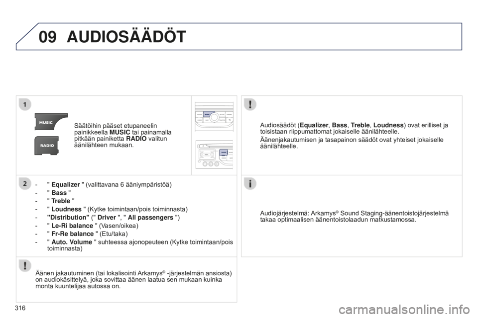 PEUGEOT 5008 2016 Omistajan Käsikirja (in Finnish) 09
316
5008_fi_Chap12b_RT6-2-8_ed01-2015
AUDIOSÄÄDÖT
Säätöihin pääset etupaneelin
painikkeella MUSIC tai painamalla
pitkään painiketta RADIO valitun
äänilähteen mukaan.
-
"
Eq PEUGEOT 5008 2016 Omistajan Käsikirja (in Finnish) 09
316
5008_fi_Chap12b_RT6-2-8_ed01-2015
AUDIOSÄÄDÖT
Säätöihin pääset etupaneelin
painikkeella MUSIC tai painamalla
pitkään painiketta RADIO valitun
äänilähteen mukaan.
-
"
Eq