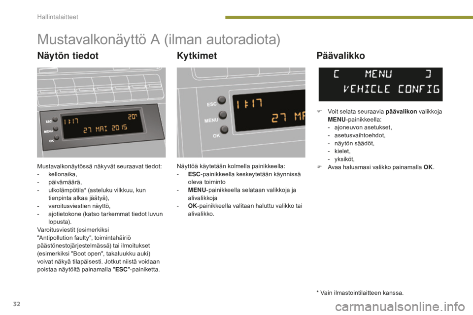 PEUGEOT 5008 2016  Omistajan Käsikirja (in Finnish) 32
5008_fi_Chap01_controle-marche_ed01-2015
Mustavalkonäytössä näkyvät seuraavat tiedot:
- kellonaika,
-
 pä

ivämäärä,
-
 
u
 lkolämpötila* (asteluku vilkkuu, kun 
tienpinta alkaa jääty