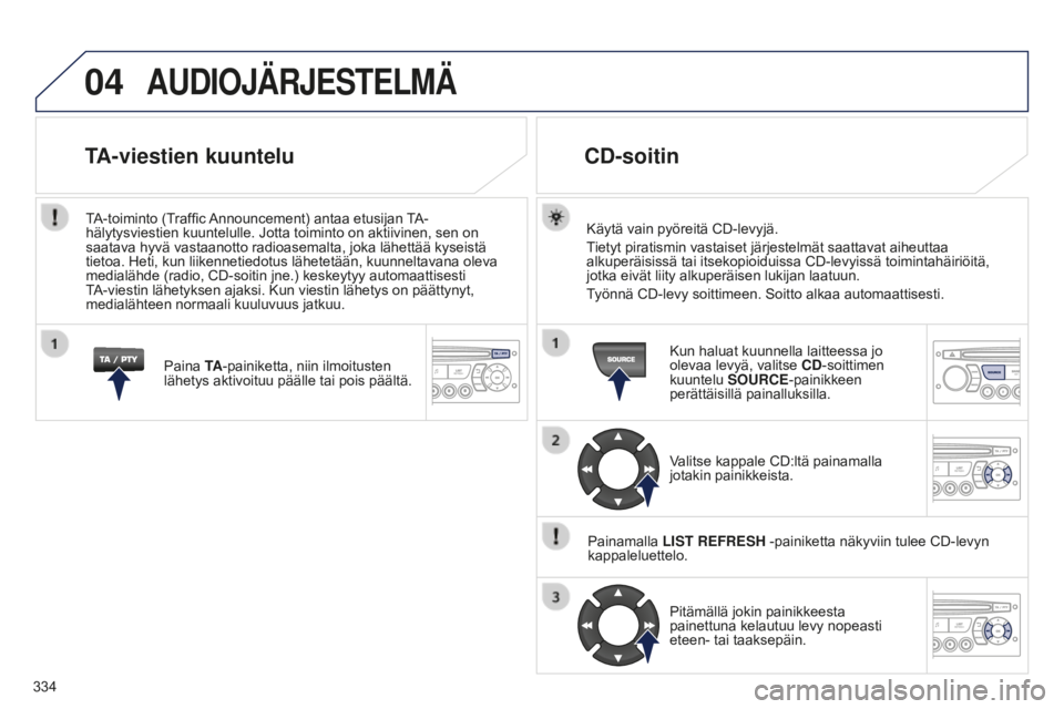 PEUGEOT 5008 2016 Omistajan Käsikirja (in Finnish) 04
334
5008_FI_CHAP12C_RD45_ED01_2015
AUDIOJÄRJESTELMÄ
Käytä vain pyöreitä CD-levyjä.
Tietyt piratismin vastaiset järjestelmät saattavat aiheuttaa
alkuperäisissä tai itsekopioiduissa CD-le PEUGEOT 5008 2016 Omistajan Käsikirja (in Finnish) 04
334
5008_FI_CHAP12C_RD45_ED01_2015
AUDIOJÄRJESTELMÄ
Käytä vain pyöreitä CD-levyjä.
Tietyt piratismin vastaiset järjestelmät saattavat aiheuttaa
alkuperäisissä tai itsekopioiduissa CD-le
