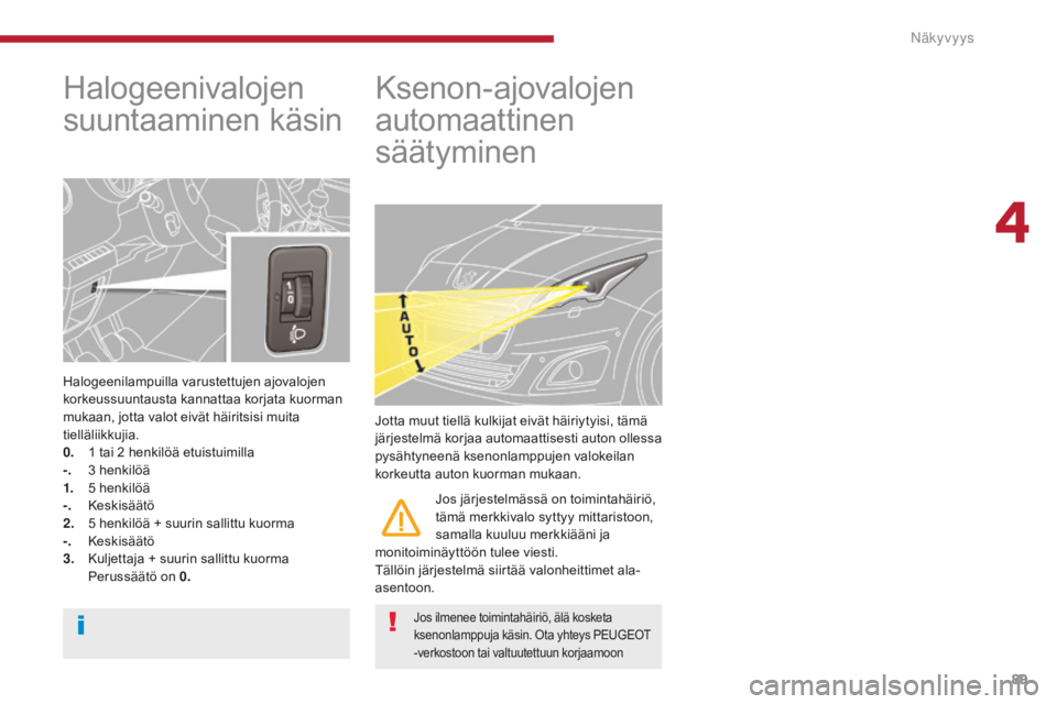 PEUGEOT 5008 2016 Omistajan Käsikirja (in Finnish) 89
5008_fi_Chap04_visibilite_ed01-2015
Halogeenivalojen
suuntaaminen käsin
Halogeenilampuilla varustettujen ajovalojen
korkeussuuntausta kannattaa korjata kuorman
mukaan, jotta valot eivät häiri PEUGEOT 5008 2016 Omistajan Käsikirja (in Finnish) 89
5008_fi_Chap04_visibilite_ed01-2015
Halogeenivalojen
suuntaaminen käsin
Halogeenilampuilla varustettujen ajovalojen
korkeussuuntausta kannattaa korjata kuorman
mukaan, jotta valot eivät häiri