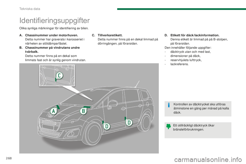 PEUGEOT 5008 2016 Bruksanvisningar (in Swedish) 268
5008_sv_Chap11_caracteristiques_ed01-2015
Identifieringsuppgifter
A. Chassinummer under motorhuven. D
etta nummer har graverats i karosseriet i
närheten av stötdämparfästet.
B.
C
hassinumm PEUGEOT 5008 2016 Bruksanvisningar (in Swedish) 268
5008_sv_Chap11_caracteristiques_ed01-2015
Identifieringsuppgifter
A. Chassinummer under motorhuven. D
etta nummer har graverats i karosseriet i
närheten av stötdämparfästet.
B.
C
hassinumm