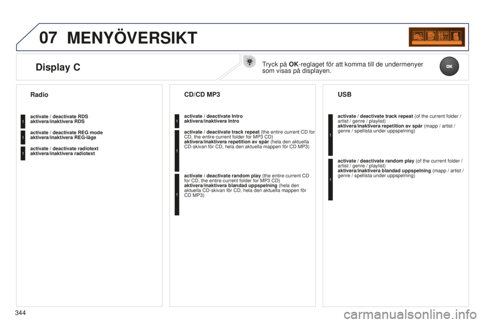 PEUGEOT 5008 2016 Bruksanvisningar (in Swedish) 07
344
5008_SV_CHAP12C_RD45_ED01_2015
MENYÖVERSIKT
activate / deactivate RDS
aktivera/inaktivera RDS
activate / deactivate REG mode
aktivera/inaktivera REG-läge
activate / deactivate radiotext PEUGEOT 5008 2016 Bruksanvisningar (in Swedish) 07
344
5008_SV_CHAP12C_RD45_ED01_2015
MENYÖVERSIKT
activate / deactivate RDS
aktivera/inaktivera RDS
activate / deactivate REG mode
aktivera/inaktivera REG-läge
activate / deactivate radiotext