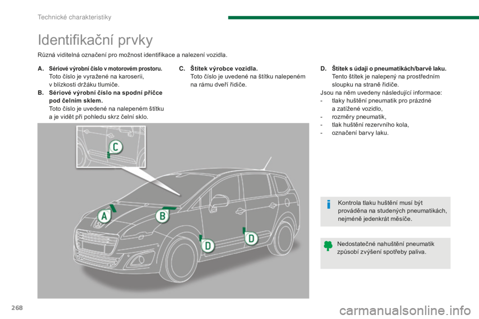 PEUGEOT 5008 2016 Návod na použití (in Czech) 268
5008_cs_Chap11_caracteristiques_ed01-2015
Identifikační prvky
A. Sériové výrobní číslo v motorovém prostoru. Toto číslo je vyražené na karoserii,
v blízkosti držáku tlumiče.
B. PEUGEOT 5008 2016 Návod na použití (in Czech) 268
5008_cs_Chap11_caracteristiques_ed01-2015
Identifikační prvky
A. Sériové výrobní číslo v motorovém prostoru. Toto číslo je vyražené na karoserii,
v blízkosti držáku tlumiče.
B.