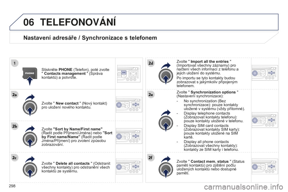 PEUGEOT 5008 2016 Návod na použití (in Czech) 06
298
5008_cs_Chap12b_RT6-2-8_ed01-2015
TELEFONOVáNí
Nastavení adresáře / Synchronizace s telefonem
Stiskněte PHONE (Telefon), poté zvolte
" Contacts management " (Správa
kontaktů) PEUGEOT 5008 2016 Návod na použití (in Czech) 06
298
5008_cs_Chap12b_RT6-2-8_ed01-2015
TELEFONOVáNí
Nastavení adresáře / Synchronizace s telefonem
Stiskněte PHONE (Telefon), poté zvolte
" Contacts management " (Správa
kontaktů)