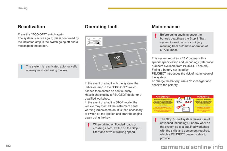 PEUGEOT 5008 2015.5. Owners Manual 182
ReactivationOperating fault
In the event of a fault with the system, the
indicator lamp in the "ECO OFF" switch
flashes then comes on continuously.
Have it checked by a PEUGEOT dealer or PEUGEOT 5008 2015.5. Owners Manual 182
ReactivationOperating fault
In the event of a fault with the system, the
indicator lamp in the "ECO OFF" switch
flashes then comes on continuously.
Have it checked by a PEUGEOT dealer or