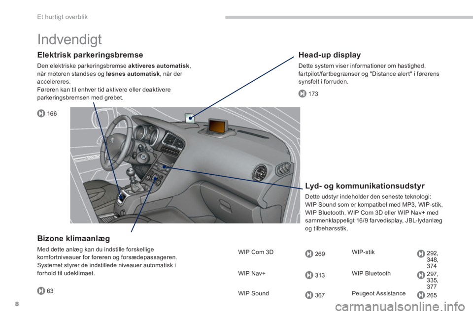 PEUGEOT 5008 2014  Brugsanvisning (in Danish) 166
173
63
269
313
367
292,
348,
374
297,
335,
377
265
Et hur tigt overblik
8
  Indvendigt  
 
 
Elektrisk parkeringsbremse 
 
Den elektriske parkeringsbremse  aktiveres automatisk 
, 
når motoren st