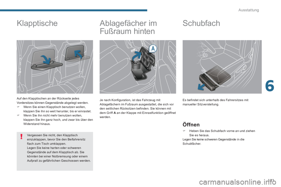 PEUGEOT 5008 2014  Betriebsanleitungen (in German) 6
Ausstattung
121
   
 
 
 
 
Ablagefächer im 
Fußraum hinten 
   
Je nach Konfiguration, ist das Fahrzeug mit 
Ablagefächern im Fußraum ausgestattet, die sich vor 
den seitlichen Rücksitzen befi
