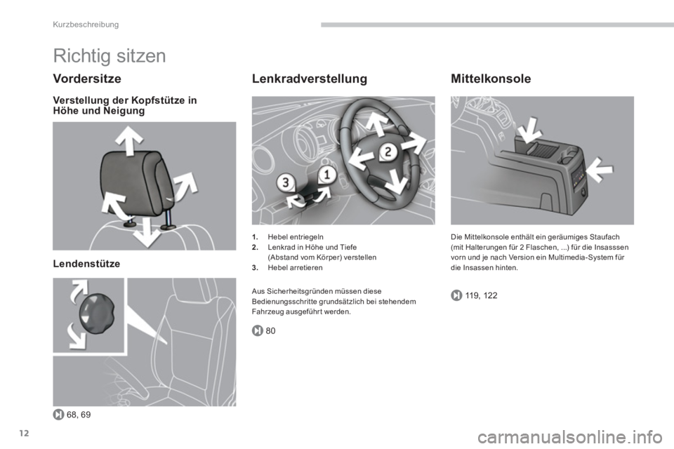 PEUGEOT 5008 2014 Betriebsanleitungen (in German) 68, 69
80
119, 122
Kurzbeschreibung
12
Richtig sitzen
Vord er si t ze
Verstellung der Kopfstütze in
Höhe und Neigung
Lendenstütze
Lenkradverstellung
1.
Hebel ent PEUGEOT 5008 2014 Betriebsanleitungen (in German) 68, 69
80
119, 122
Kurzbeschreibung
12
Richtig sitzen
Vord er si t ze
Verstellung der Kopfstütze in
Höhe und Neigung
Lendenstütze
Lenkradverstellung
1.
Hebel ent