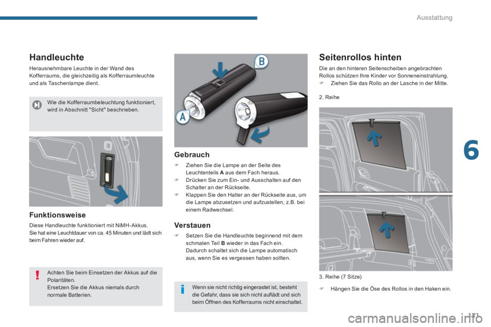 PEUGEOT 5008 2014  Betriebsanleitungen (in German) 6
Ausstattung
131
   
 
 
 
 
 
 
 
 
Handleuchte 
 
Herausnehmbare Leuchte in der Wand des 
Kofferraums, die gleichzeitig als Kofferraumleuchte 
und als Taschenlampe dient. 
   
Funk tionsweise 
 
Di