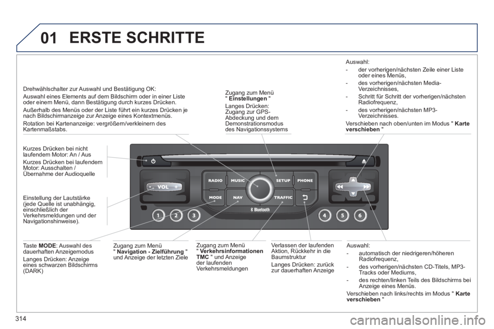 PEUGEOT 5008 2014 Betriebsanleitungen (in German) 314
01
Auswahl:
- automatisch der niedrigeren/höheren
Radiofrequenz,
- des vorherigen/nächsten CD-Titels, MP3-
Tracks oder Mediums,
- des rechten/linken Teils des Bildsch PEUGEOT 5008 2014 Betriebsanleitungen (in German) 314
01
Auswahl:
- automatisch der niedrigeren/höheren
Radiofrequenz,
- des vorherigen/nächsten CD-Titels, MP3-
Tracks oder Mediums,
- des rechten/linken Teils des Bildsch