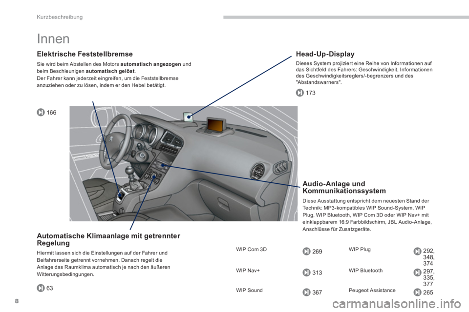 PEUGEOT 5008 2014 Betriebsanleitungen (in German) 166
173
63
269
313
367
292,
348,
374
297,
335,
377
265
Kurzbeschreibung
8
Innen
Elektrische Feststellbremse
Sie wird beim Abstellen des Motors automatisch angezogen
und
beim Beschleunig PEUGEOT 5008 2014 Betriebsanleitungen (in German) 166
173
63
269
313
367
292,
348,
374
297,
335,
377
265
Kurzbeschreibung
8
Innen
Elektrische Feststellbremse
Sie wird beim Abstellen des Motors automatisch angezogen
und
beim Beschleunig