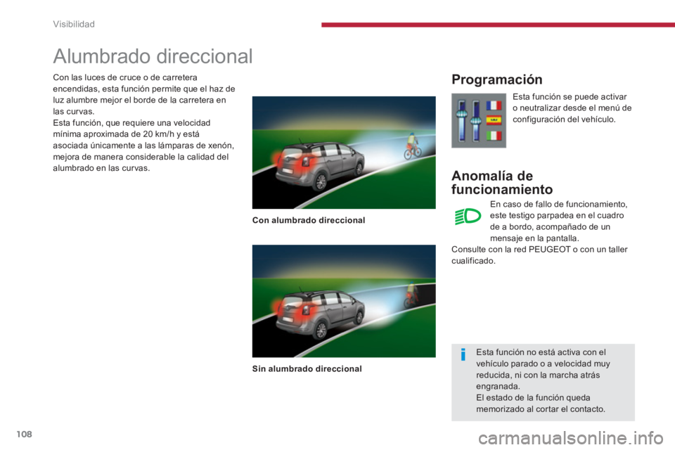 PEUGEOT 5008 2014  Manual del propietario (in Spanish) Visibilidad
108
   
 
 
 
 
 
 
 
Alumbrado direccional 
 
 
Con alumbrado direccional 
 
   
Sin alumbrado direccional 
 
 
 
Programación 
   
Anomalía de 
funcionamiento 
  Esta función se puede