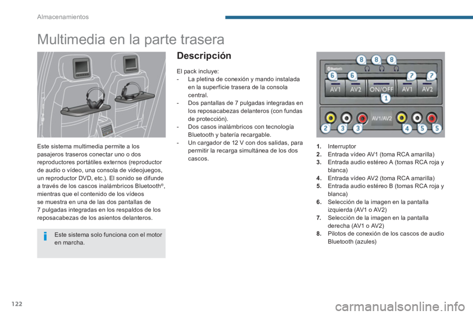 PEUGEOT 5008 2014  Manual del propietario (in Spanish) Almacenamientos
122
   
 
 
 
 
Multimedia en la parte trasera 
 
 
Este sistema multimedia permite a los 
pasajeros traseros conectar uno o dos 
reproductores portátiles externos (reproductor 
de au