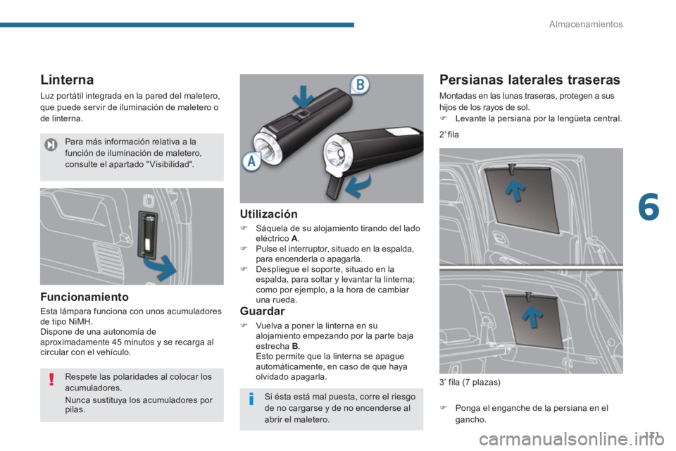 PEUGEOT 5008 2014  Manual del propietario (in Spanish) 6
Almacenamientos
131
   
 
 
 
 
 
 
 
 
Linterna 
 
Luz portátil integrada en la pared del maletero, 
que puede ser vir de iluminación de maletero o 
de linterna. 
   
Funcionamiento 
 
Esta lámp