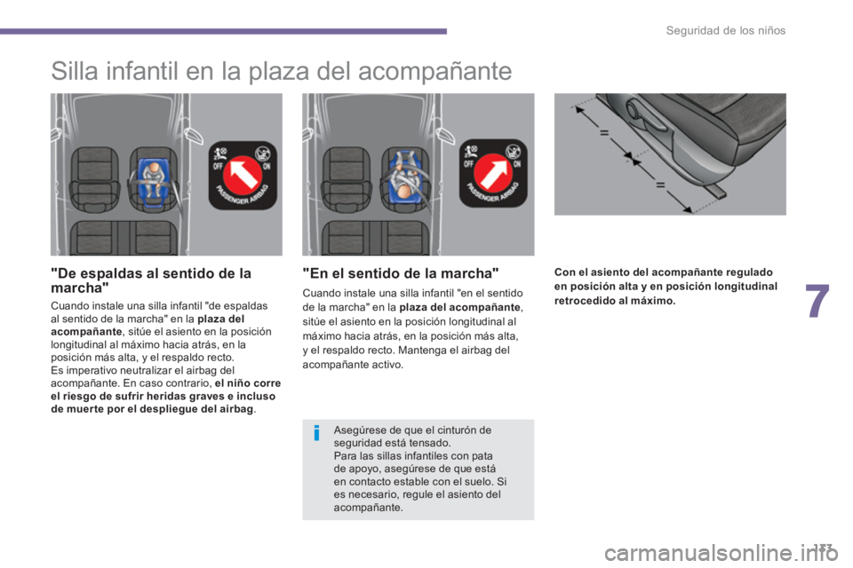 PEUGEOT 5008 2014  Manual del propietario (in Spanish) 7
Seguridad de los niños
133
   
 
 
 
 
 
 
 
 
 
 
Con el asiento del acompañante regulado 
en posición alta y en posición longitudinal 
retrocedido al máximo. 
 
 
  
 
"En el sentido de la ma