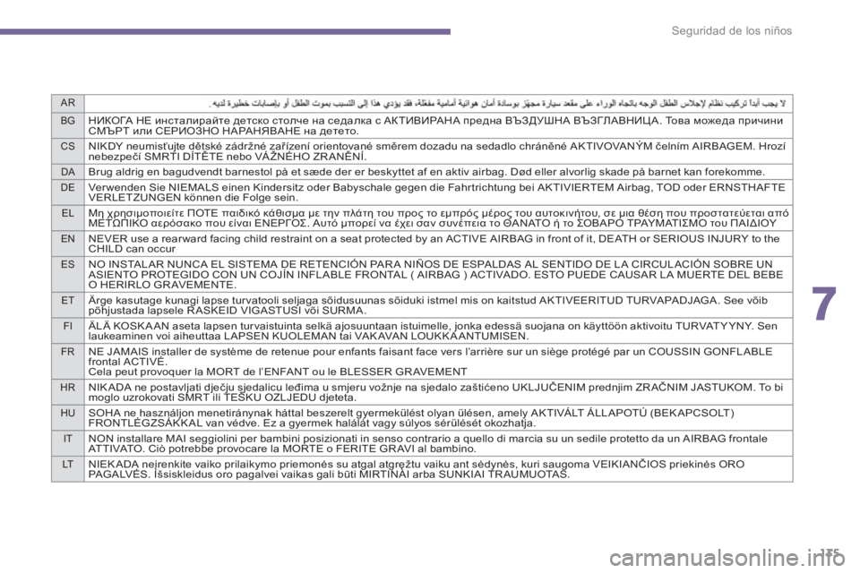 PEUGEOT 5008 2014  Manual del propietario (in Spanish) 7
AR
BG
НИКОГА НЕ инсталирайте детско столче на седалка с АКТИВИРАНА предна ВЪЗДУШНА ВЪЗГЛАВНИЦА. То в а можеда 