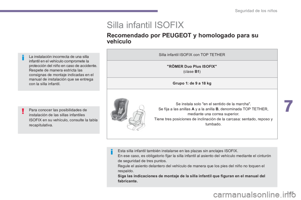 PEUGEOT 5008 2014 Manual del propietario (in Spanish) 7
Seguridad de los niños
145
Silla infantil ISOFIX
Esta silla infantil también instalarse en las plazas sin anclajes ISOFIX.
En ese caso, es obligatorio fij PEUGEOT 5008 2014 Manual del propietario (in Spanish) 7
Seguridad de los niños
145
Silla infantil ISOFIX
Esta silla infantil también instalarse en las plazas sin anclajes ISOFIX.
En ese caso, es obligatorio fij
