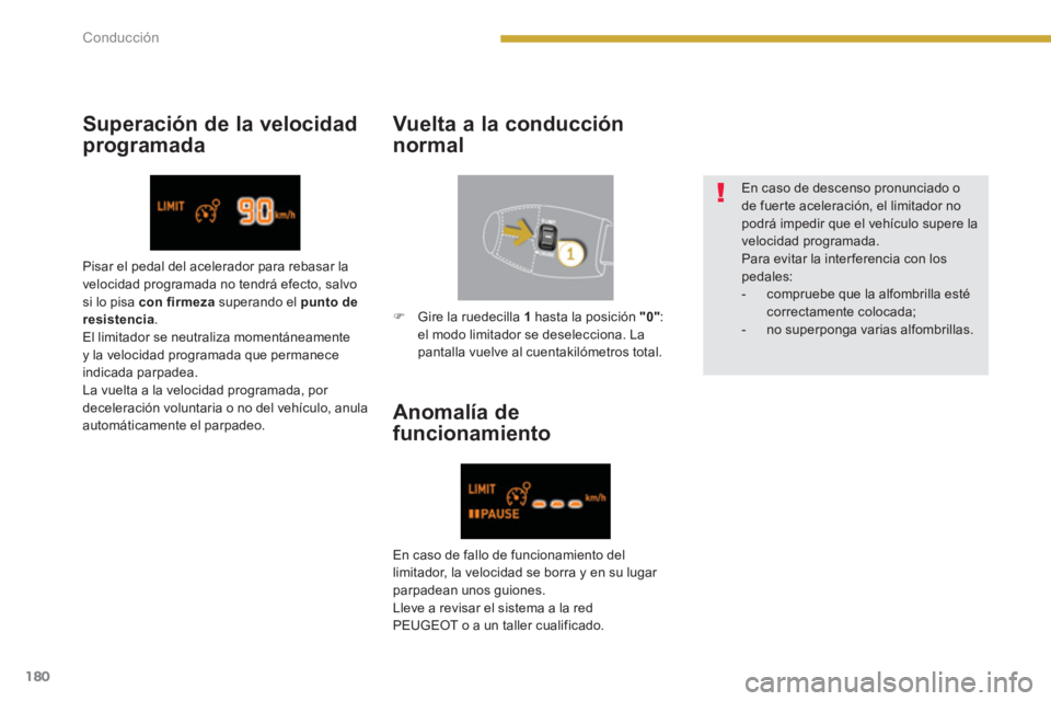 PEUGEOT 5008 2014  Manual del propietario (in Spanish) Conducción
180
   
Superación de la velocidad 
programada    
Vuelta a la conducción 
normal 
   
Anomalía de 
funcionamiento 
   
En caso de descenso pronunciado o 
de fuerte aceleración, el lim