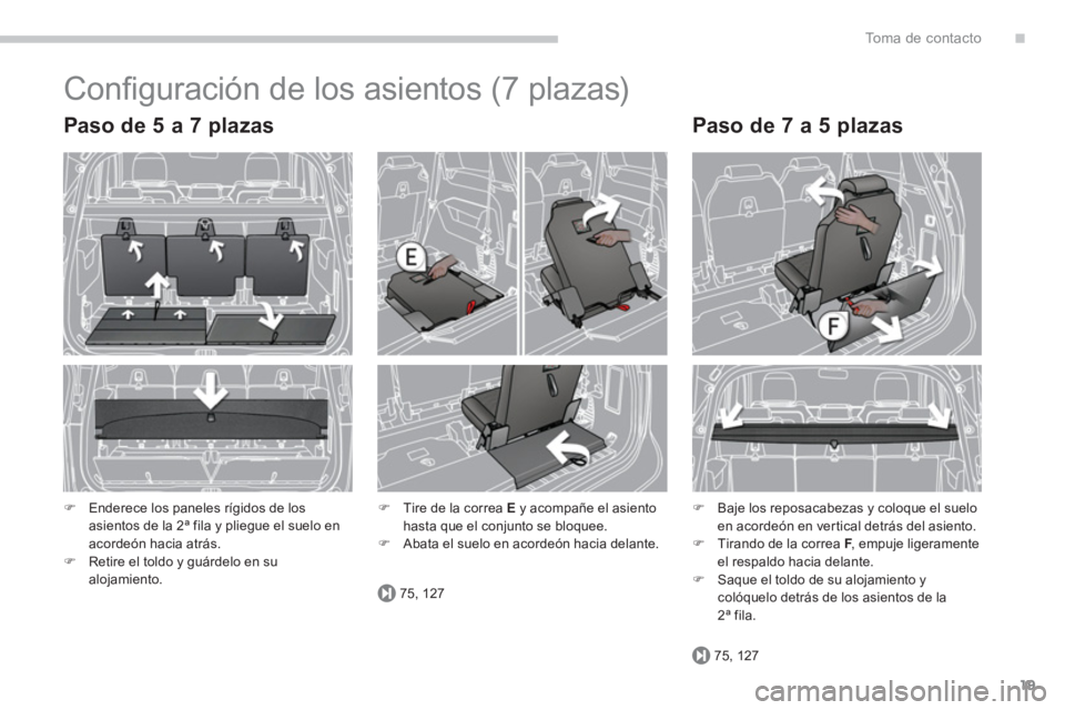 PEUGEOT 5008 2014  Manual del propietario (in Spanish) .
75, 127
75, 127
To m a  d e  c o n t a c t o
19
  Conﬁ guración de los asientos (7 plazas) 
 
 
�) 
  Tire de la correa  E 
 y acompañe el asiento 
hasta que el conjunto se bloquee. 
   
�) 
  A