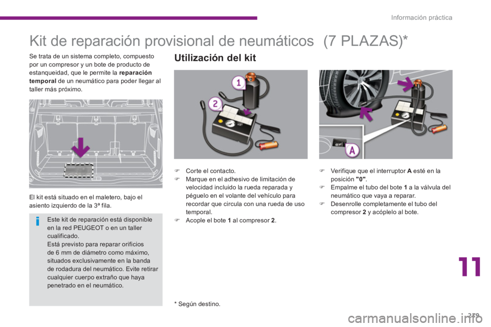 PEUGEOT 5008 2014  Manual del propietario (in Spanish) 11
Información práctica
219
   
 
 
 
 
 
 
 
Kit de reparación provisional de neumáticos 
 
El kit está situado en el maletero, bajo el 
asiento izquierdo de la 3ª fila. 
   
Utilización del k