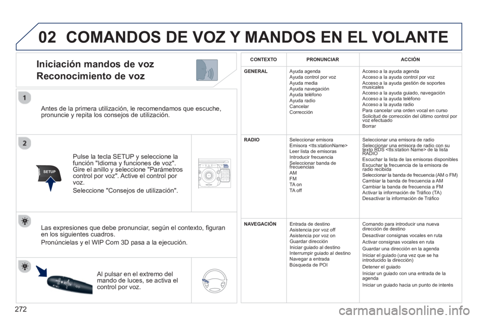 PEUGEOT 5008 2014  Manual del propietario (in Spanish) 272
02
SETUP2ABC3DEF5JKL4GHI6MNO8TUV7PQRS9WXYZ0*#
1NAV TRAFFICADDR
BOOKSETUP
   
Antes de la primera utilización, le recomendamos que escuche, 
pronuncie y repita los consejos de utilización.  
   
