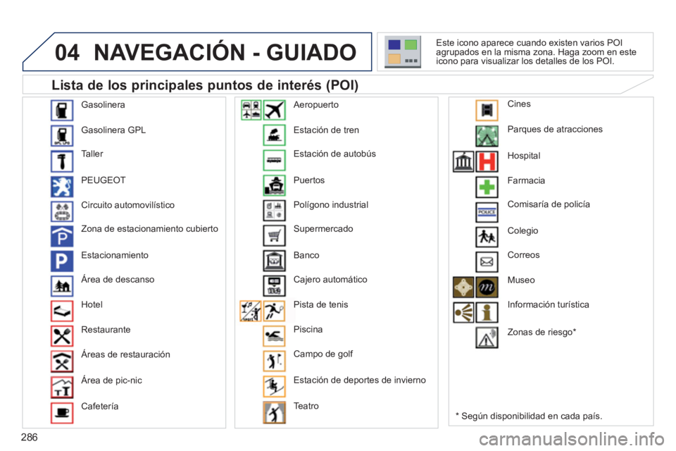 PEUGEOT 5008 2014 Manual del propietario (in Spanish) 286
04 NAVEGACIÓN - GUIADO
Lista de los principales puntos de interés (POI)
*
Según disponibilidad en cada país. Este icono aparece cuando existen varios POI
agrupados en la mis PEUGEOT 5008 2014 Manual del propietario (in Spanish) 286
04 NAVEGACIÓN - GUIADO
Lista de los principales puntos de interés (POI)
*
Según disponibilidad en cada país. Este icono aparece cuando existen varios POI
agrupados en la mis