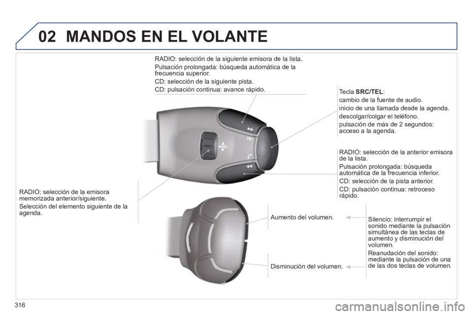 PEUGEOT 5008 2014 Manual del propietario (in Spanish) 316
02
RADIO: selección de la emisora
memorizada anterior/siguiente.
Selección del elemento siguiente de la
agenda.
Tecla SRC/TEL
:
cambio de la fuente de audio.
inicio de un PEUGEOT 5008 2014 Manual del propietario (in Spanish) 316
02
RADIO: selección de la emisora
memorizada anterior/siguiente.
Selección del elemento siguiente de la
agenda.
Tecla SRC/TEL
:
cambio de la fuente de audio.
inicio de un