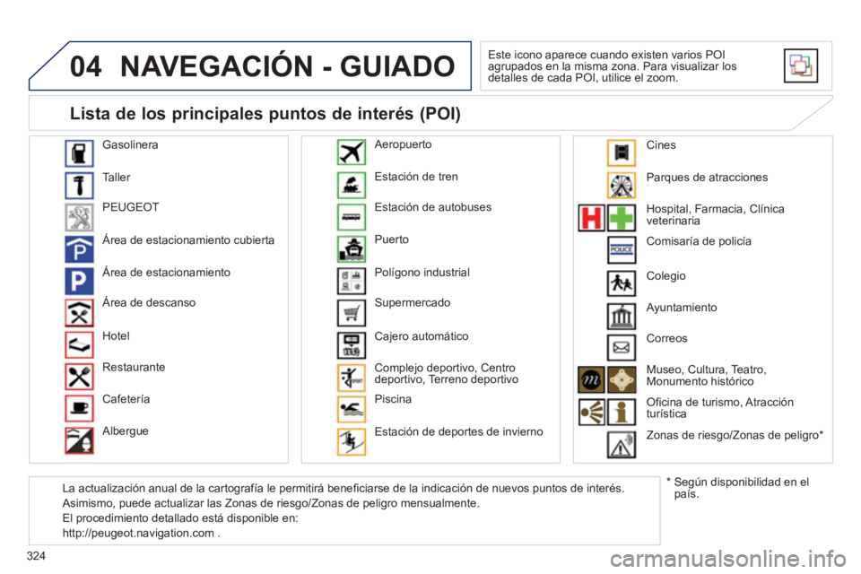 PEUGEOT 5008 2014 Manual del propietario (in Spanish) 324
04 NAVEGACIÓN - GUIADO
Este icono aparece cuando existen varios POI
agrupados en la misma zona. Para visualizar los
detalles de cada POI, utilice el zoom.
Gasolinera
Taller
PEUGE PEUGEOT 5008 2014 Manual del propietario (in Spanish) 324
04 NAVEGACIÓN - GUIADO
Este icono aparece cuando existen varios POI
agrupados en la misma zona. Para visualizar los
detalles de cada POI, utilice el zoom.
Gasolinera
Taller
PEUGE