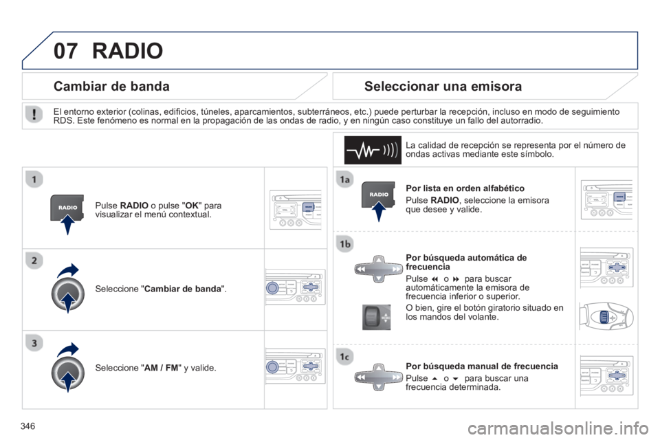 PEUGEOT 5008 2014  Manual del propietario (in Spanish) 346
07
   
Por lista en orden alfabético 
  Pulse  RADIO 
, seleccione la emisora 
que desee y valide.  
   
Por búsqueda automática de 
frecuencia 
  Pulse  �   
o  �  
para buscar 
automáticam