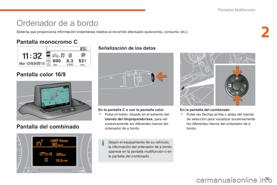 PEUGEOT 5008 2014  Manual del propietario (in Spanish) 2
Pantallas Multifunción
55
   
Pantalla monocromo C  
   
Pantalla del combinado     
Pantalla color 16/9  
 
 
 
 
 
 
 
 
 
Ordenador de a bordo 
 
 
Señalización de los datos  
 
 
 
En la pant