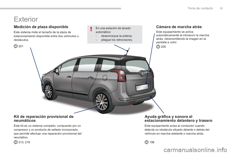 PEUGEOT 5008 2014  Manual del propietario (in Spanish) .
201
213, 219198
200
To m a  d e  c o n t a c t o
5
  Exterior  
 
 
Ayuda gráﬁ ca y sonora al 
estacionamiento delantero y trasero 
  Este equipamiento avisa al conductor cuando 
detecta un obst�