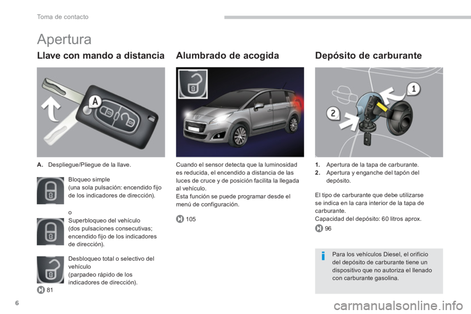 PEUGEOT 5008 2014  Manual del propietario (in Spanish) 81
105
96
To m a  d e  c o n t a c t o
6
  Apertura 
 
 
Llave con mando a distancia 
 
 
 
A. 
  Despliegue/Pliegue de la llave.  
  Bloqueo simple  
(una sola pulsación: encendido fijo 
de los indi