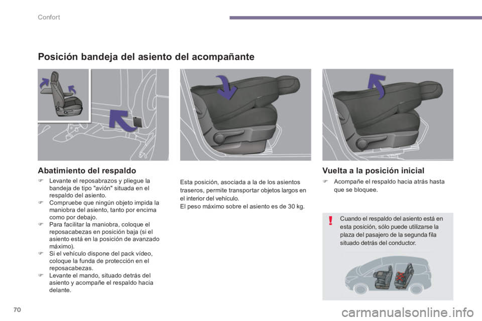 PEUGEOT 5008 2014  Manual del propietario (in Spanish) Confort
70
   
 
 
 
 
 
 
 
 
Posición bandeja del asiento del acompañante 
 
 
Esta posición, asociada a la de los asientos 
traseros, permite transpor tar objetos largos en 
el interior del veh
