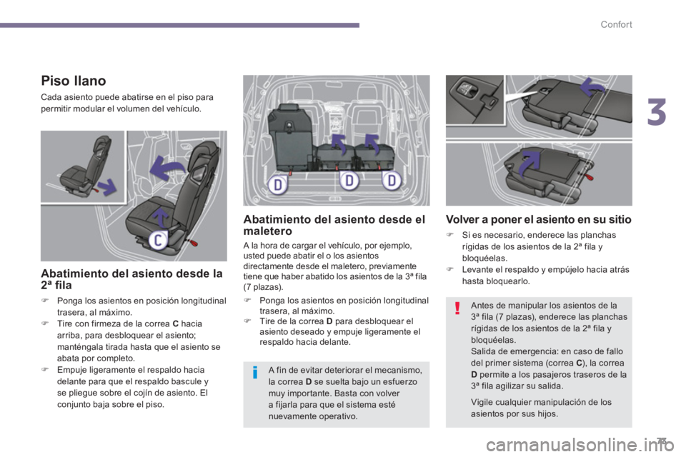 PEUGEOT 5008 2014  Manual del propietario (in Spanish) 3
Confort
73
   
Piso llano 
 
Cada asiento puede abatirse en el piso para 
permitir modular el volumen del vehículo. 
   
Abatimiento del asiento desde la 
2ª ﬁ la 
 
 
 
�) 
  Ponga los asientos