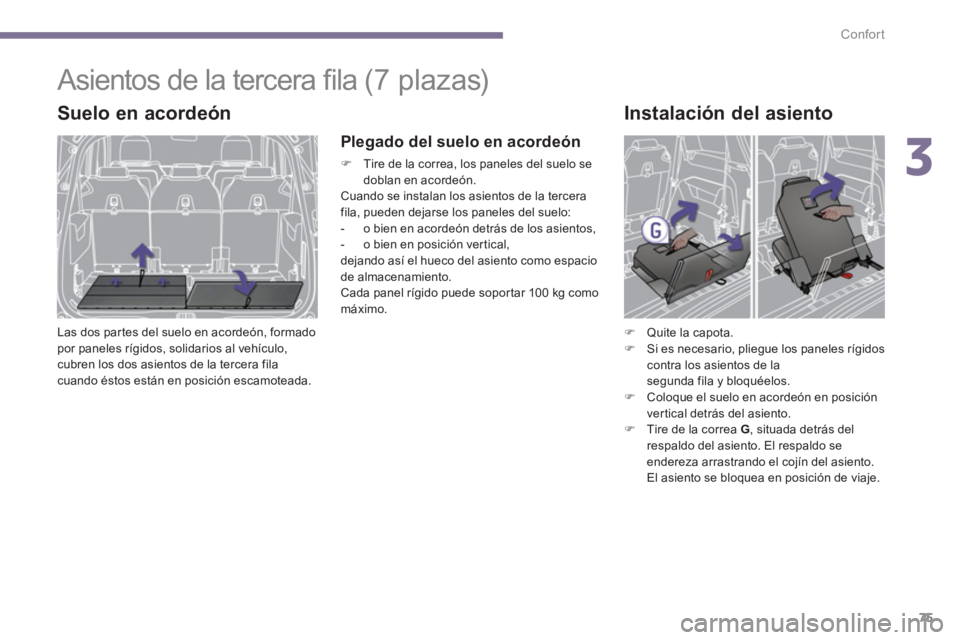 PEUGEOT 5008 2014  Manual del propietario (in Spanish) 3
Confort
75
   
 
 
 
 
 
 
 
 
 
 
Asientos de la tercera ﬁ la  
 (7 plazas) 
 
 
Suelo en acordeón 
 
Las dos partes del suelo en acordeón, formado 
por paneles rígidos, solidarios al vehícul