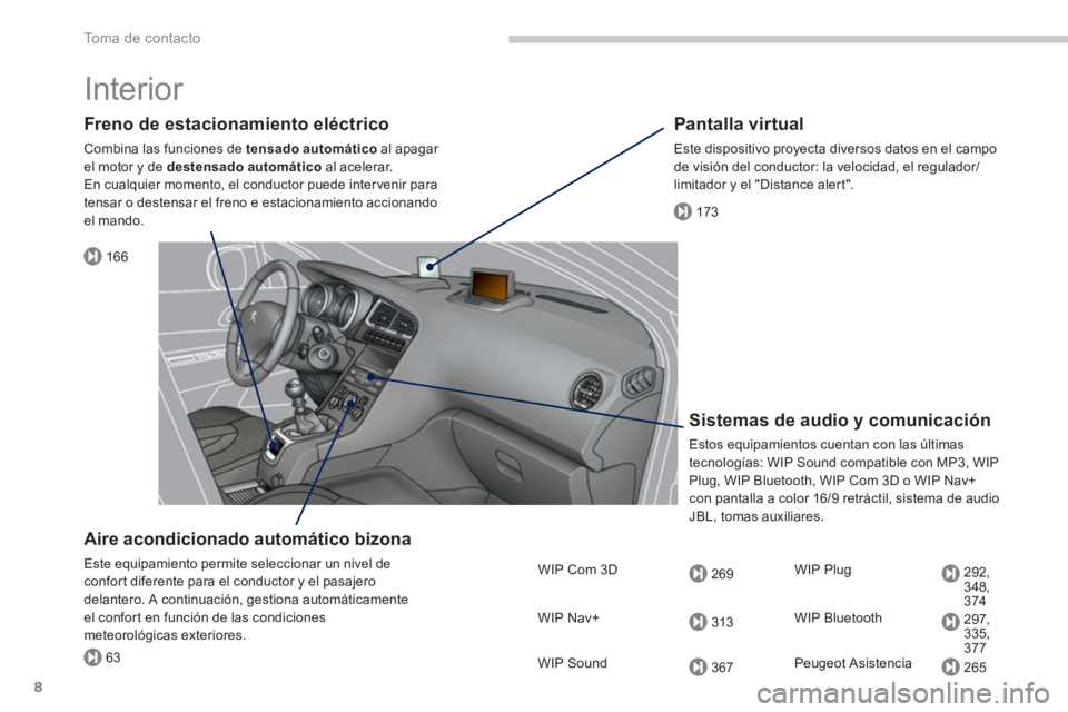 PEUGEOT 5008 2014  Manual del propietario (in Spanish) 166
173
63
269
313
367
292,
348,
374
297,
335,
377
265
To m a  d e  c o n t a c t o
8
  Interior  
 
 
Freno de estacionamiento eléctrico 
 
Combina las funciones de  tensado automático 
 al apagar 