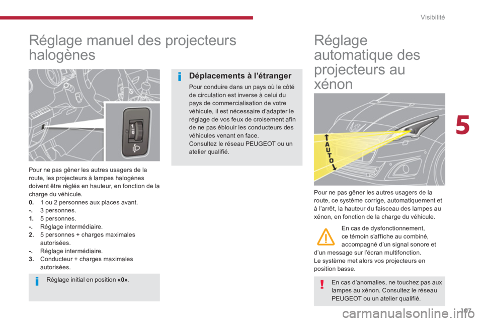 PEUGEOT 5008 2014  Manuel du propriétaire (in French) 5
Visibilité
107
   
 
 
 
 
 
Réglage manuel des projecteurs 
halogènes 
   
Pour ne pas gêner les autres usagers de la 
route, les projecteurs à lampes halogènes 
doivent être réglés en hau