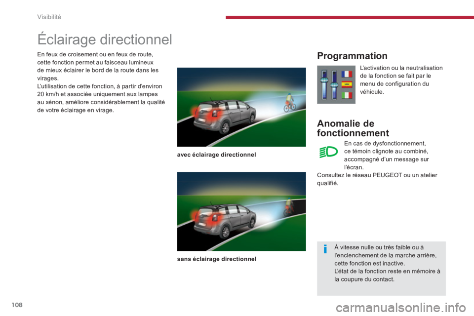 PEUGEOT 5008 2014  Manuel du propriétaire (in French) Visibilité
108
   
 
 
 
 
 
 
 
Éclairage directionnel 
 
 
avec éclairage directionnel 
 
   
sans éclairage directionnel 
 
 
 
Programmation 
   
Anomalie de 
fonctionnement 
  L’activation 