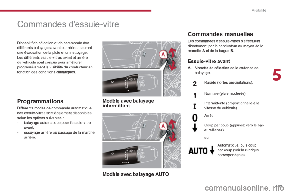 PEUGEOT 5008 2014 Manuel du propriétaire (in French) 5
Visibilité
109
Commandes d’essuie-vitre
Modèle avec balayage
intermittent
Modèle avec balayage AUTO
Programmations
Différents modes de commande au PEUGEOT 5008 2014 Manuel du propriétaire (in French) 5
Visibilité
109
Commandes d’essuie-vitre
Modèle avec balayage
intermittent
Modèle avec balayage AUTO
Programmations
Différents modes de commande au