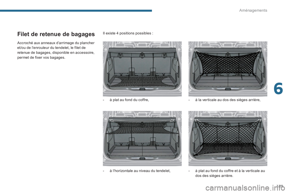PEUGEOT 5008 2014  Manuel du propriétaire (in French) 6
Aménagements
129
   
 
 
 
 
 
Filet de retenue de bagages 
 
Accroché aux anneaux d’arrimage du plancher 
et /ou de l’enrouleur du tendelet, le filet de 
retenue de bagages, disponible en acc