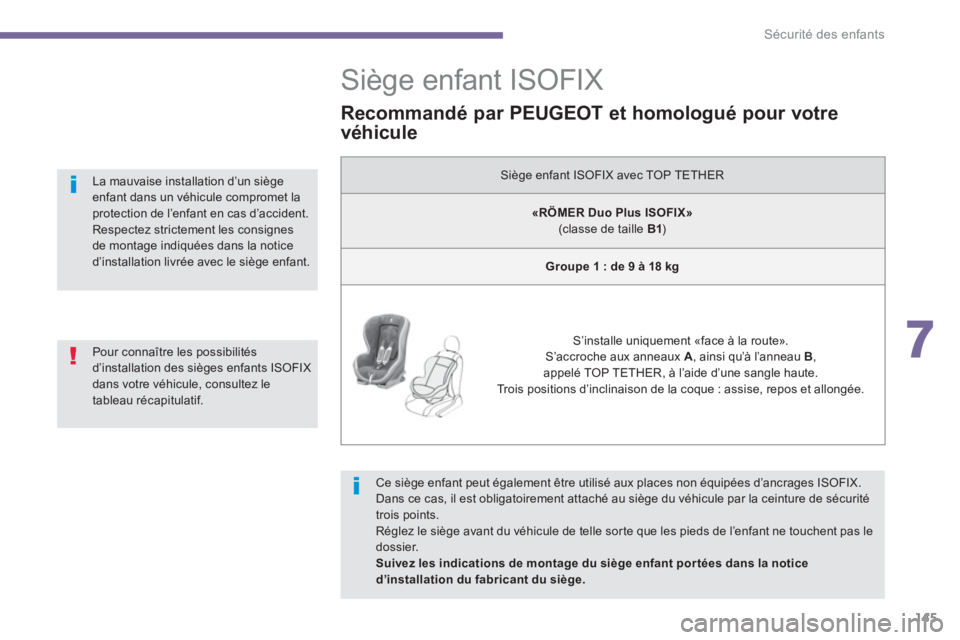 PEUGEOT 5008 2014 Manuel du propriétaire (in French) 7
Sécurité des enfants
145
Siège enfant ISOFIX
Ce siège enfant peut également être utilisé aux places non équipées d’ancrages ISOFIX.
Dans ce cas, PEUGEOT 5008 2014 Manuel du propriétaire (in French) 7
Sécurité des enfants
145
Siège enfant ISOFIX
Ce siège enfant peut également être utilisé aux places non équipées d’ancrages ISOFIX.
Dans ce cas,